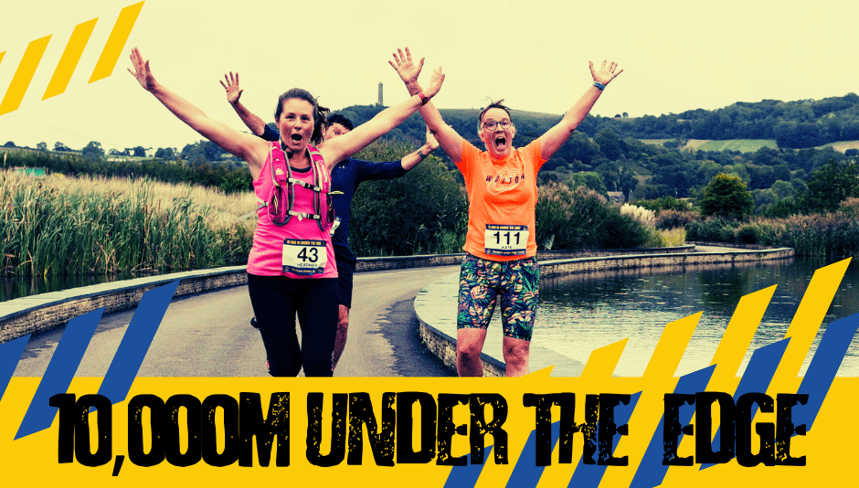 Elated Runners jumping, captions says "10,000m under the edge"