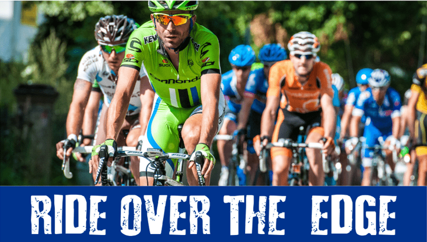 Picture of a group of Cyclests with the caption "Ride over the edge"