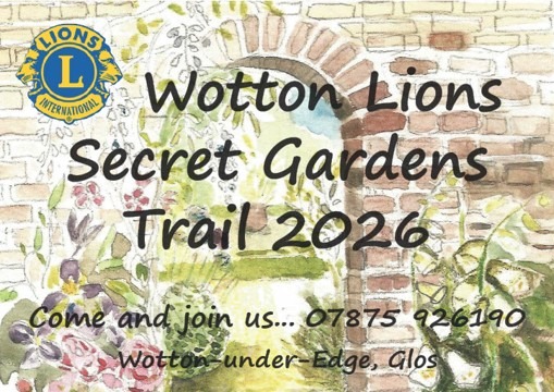 Poster advertising Wotton Lions Secret Garden Trail, with a water colour painting of a walled garden with a brick archway leading to a garden