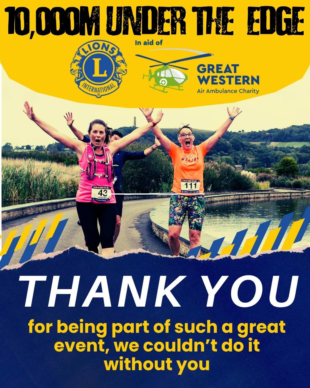 Elated Runners jumping, captions says "10,000m under the edge" and "Thank you for being part of such a great event we cound't do it without you"