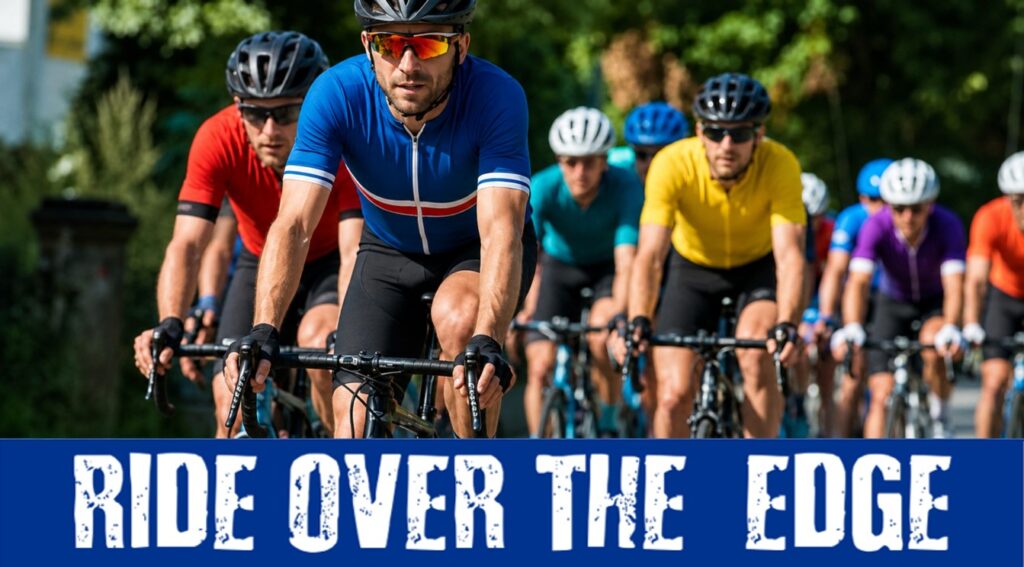 Picture of a group of Cyclests with the caption "Ride over the edge"